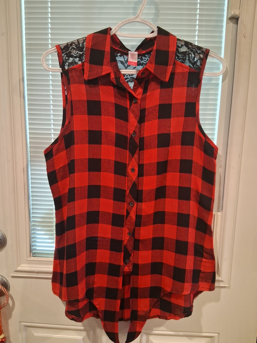 No Boundaries Red and Black Plaid Sleeveless Button-Down Top with Lace Yoke